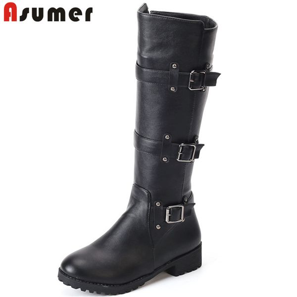 

asumer 2020 plus size 50 knee high boots women round toe buckle zip knight boots comfortable low heels casual shoes woman, Black