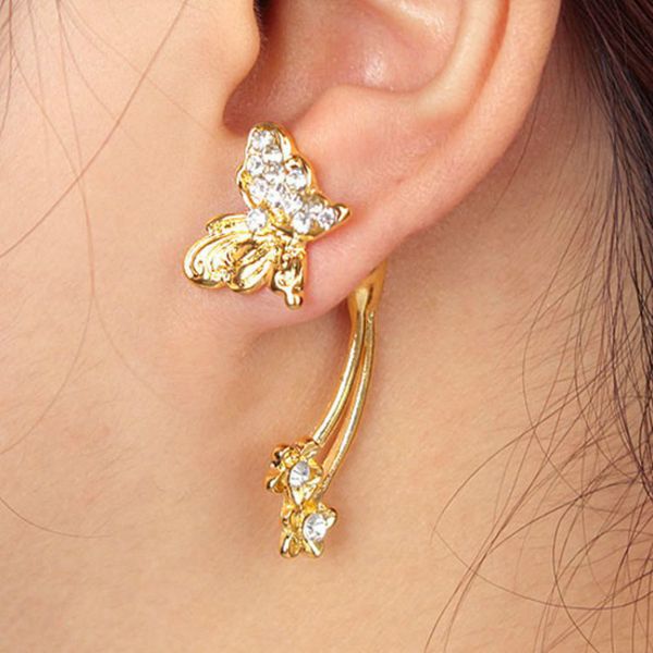 

korean fashion rhinestone butterfly star heart gold color piercing stud earring for women charm small earrings jewelry 1pcs, Golden;silver