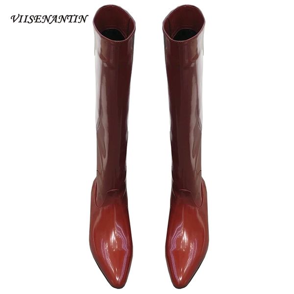 

autumn winter fashion slip on mia-calf boots women british style retro patent leather knight boots knee length straight, Black