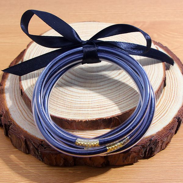 

just feel multi-layer silicone gold wrist ribbon jelly bangle bracelet set plastic glitter friendship bracelets wholesale, Black