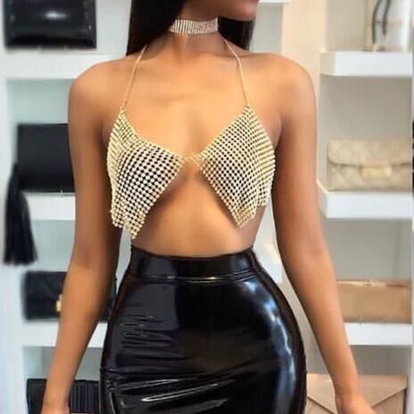 

square rhinestone necklace chain halter night club party body chain metal bra, Silver