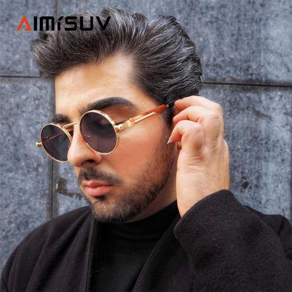 

aimisuv metal steampunk sunglasses men fashion round glasses brand design vintage sunglasses uv400 gothic style, White;black