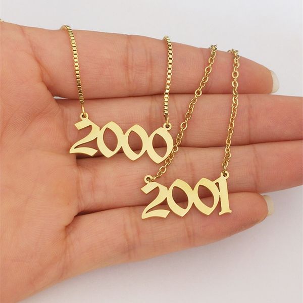 

birth year necklace gold filled chain old english number pendant necklaces crown charm stainless steel choker birthday gift, Silver