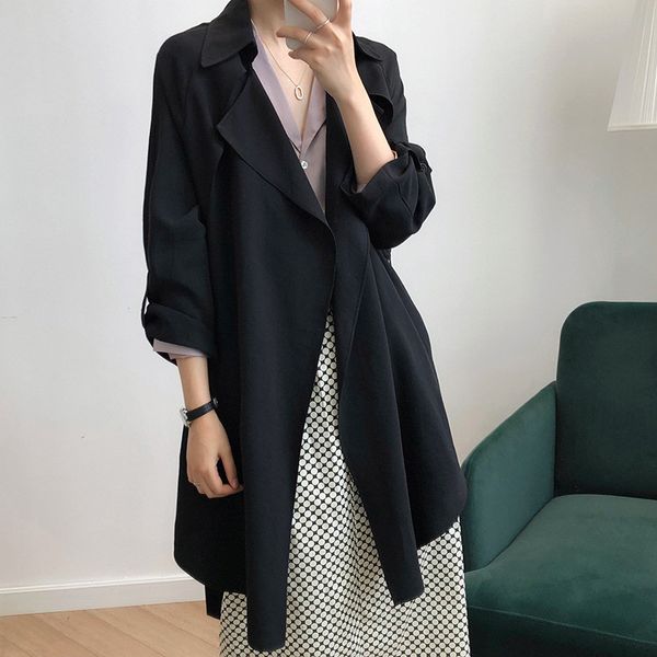 

spring summer trench coat 2020 new thin windbreaker women's korean waist belt casual loose autumn trench coats female g201, Tan;black