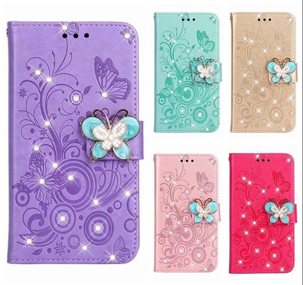 

cgjxs3d butterfly leather wallet case for huawei p30 pro galaxy s10 lite plus imprint flower bee id card slot bling diamond flip cover pu po