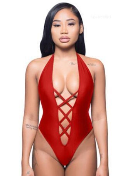 

solid color bandage lace up halter women one piece bikini, White;black