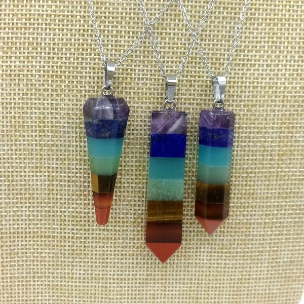

jln seven chakra pendant dowsing pendulum rainbow color gemstone energy necklace with 18 inches stainless steel chain for yoga meditation, Silver