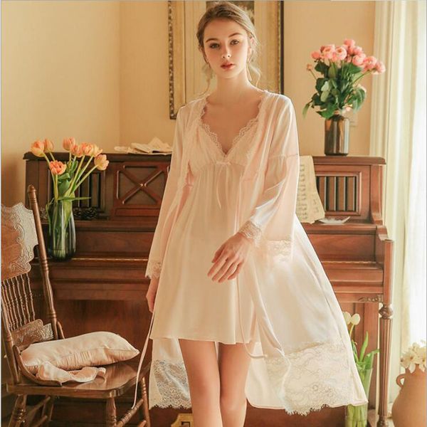

french style two-pieces silk women bath robe lace spaghetti strap nightgowns and full sleeves gauze robe for spring summer, Black;red
