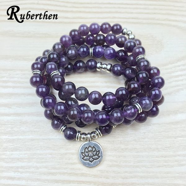 

ruberthen luxurious design purple natural stone 108 mala lotus bracelet or necklace reiki charged buddhist rosary bracelet y200730, Black