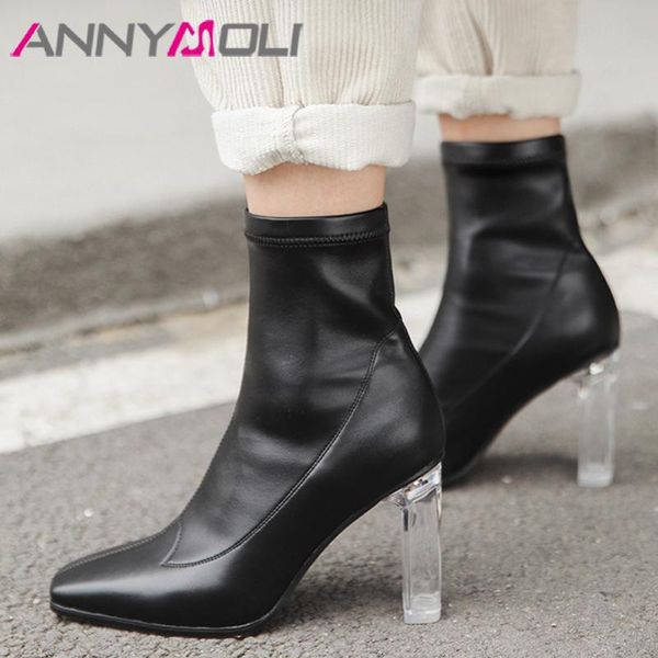 

annymoli mid-calf boots women shoes super high heel slip-on boots square toe crystal chunky heels ladies autumn beige 40, Black