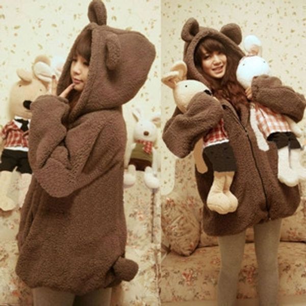 

2020 korean style little bear rabbit coat sweater with ears and tail cartoon plush coat hooded sweater pboff, Black