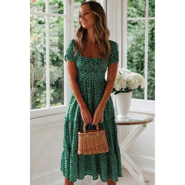 

women ladies sweet square neck puff sleeve high waist casual leisure floral printing long dress, Black;gray