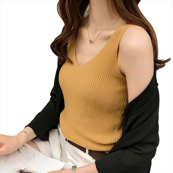 

oioninos new knitted tank women v neck sleeveless vest t shirt 2020 summer ladies slim strap short, White