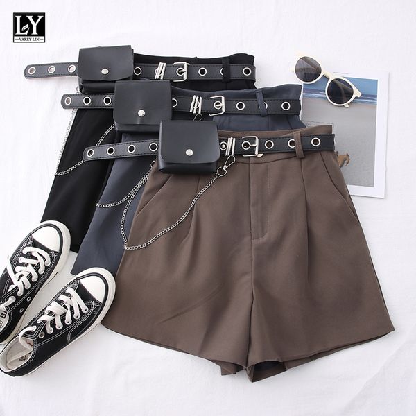

ly varey lin 2020 new autumn winter shorts women with belt bag chain pocket zipper casual shorts high waist slim wide leg, White;black