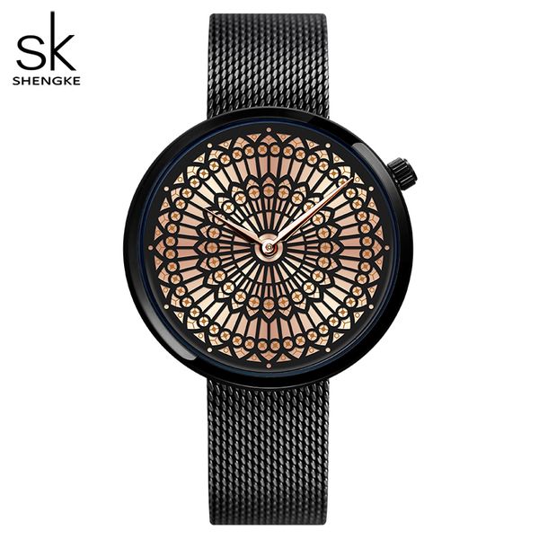 

shengke women luxury watch fashion dress ladies wave hardlex full steel mesh strap waterproof quartz wristwatches k0114, Slivery;brown