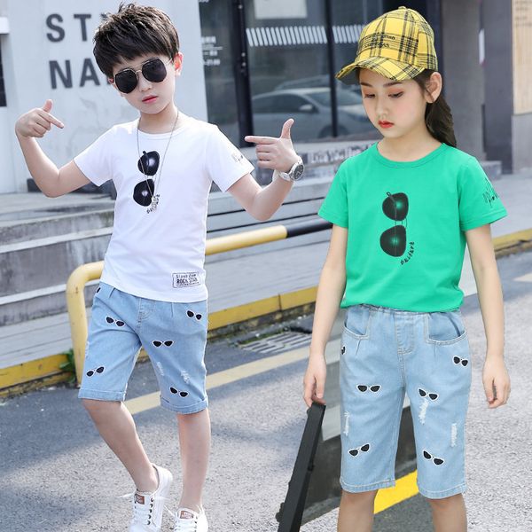

toddler boy summer clothes fashion 2019 kids clothing set eyeglass print + denim pants 2 pcs clothes set baby boys outfits t200808, White