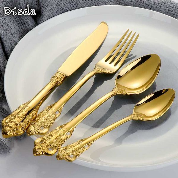 

4pcs cutlery set stainless steel spoon dinner fork knife european gold table flatware sets royal tableware luxury dinnerware set