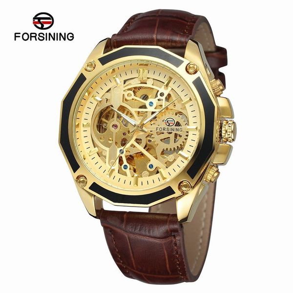 

forsining european and american style mens fashion casual hollow mechanical automatic waterproof mechanical wrist watch, Slivery;brown