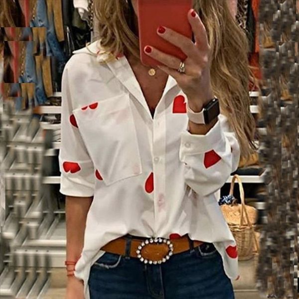 

feitong блузка женская рубашка мода длинным рукавом тонкий сердце printed turn down воротник полиэстер карман блузы blusas mujer de moda 202, White