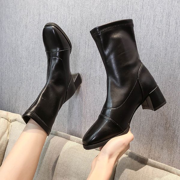 

два стиля середины икры сапоги женские туфли скользят по botas лоскутные лакированная кожа bottes femme стая стрейч носок сапоги для верхово, Black