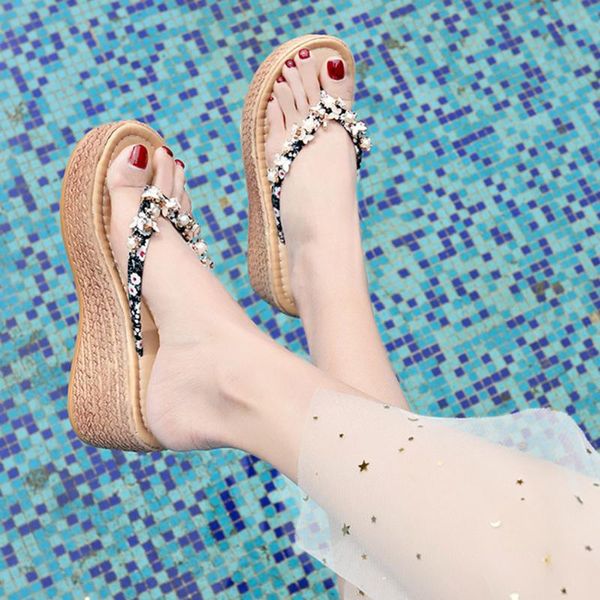 

2020 women eva sequins beach slippers flip flops sandals casual women wedges platform slippers zapatos mujer slides femme#n3, Black