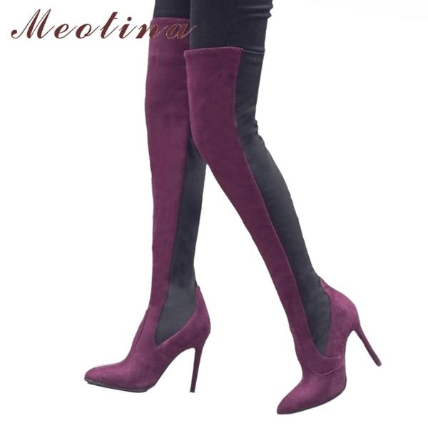 

meotina over the knee boots winter women thigh high boots elastic fabric high heel pointed toe ladies shoes red black