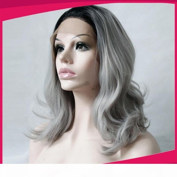 

short bob wavy wig black roots ombre grey heat resistant fiber synthetic lace front wig middle parting women wigs, Silver