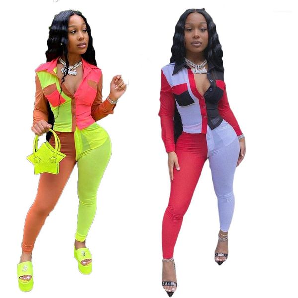 

autumn colourful slim suits woman lapel neck pocket with long pants set womens 2pcs patchwork shirt sets woman, White