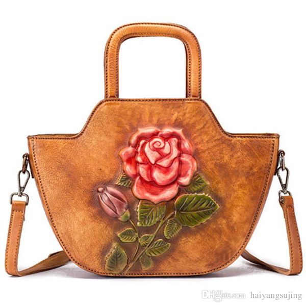 

women retro shoulder embossed messenger cross body handbag tote national style handle bags female brush genuine leather leisure bag