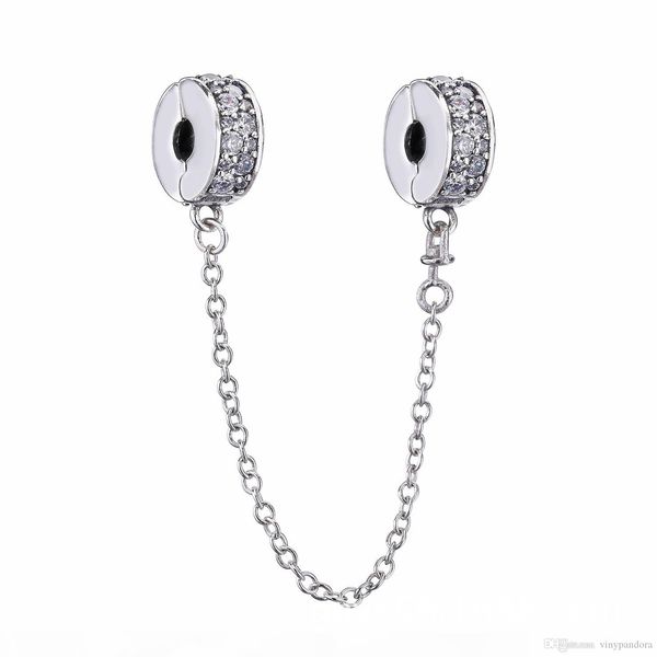 

925 sterling silver shining elegance clip safety chain with clear pave cz charm fits european designer jewelry bead bracelets, Black