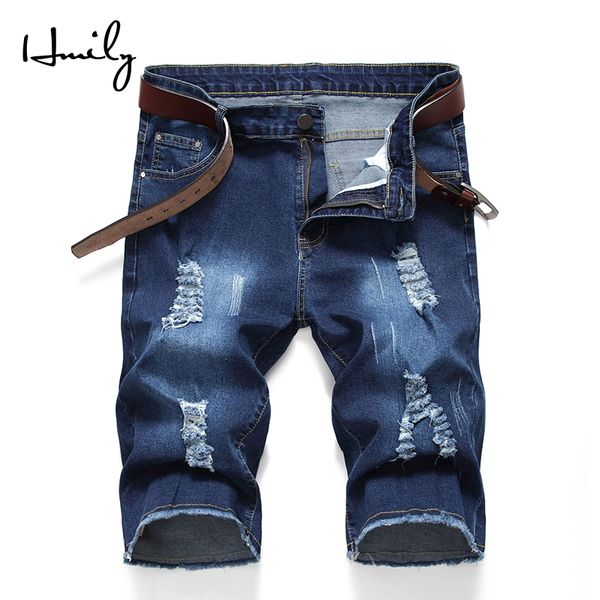 

hmily summer denim shorts men stretch slim fit short jeans mens designer cotton casual distressed shorts knee length, Blue