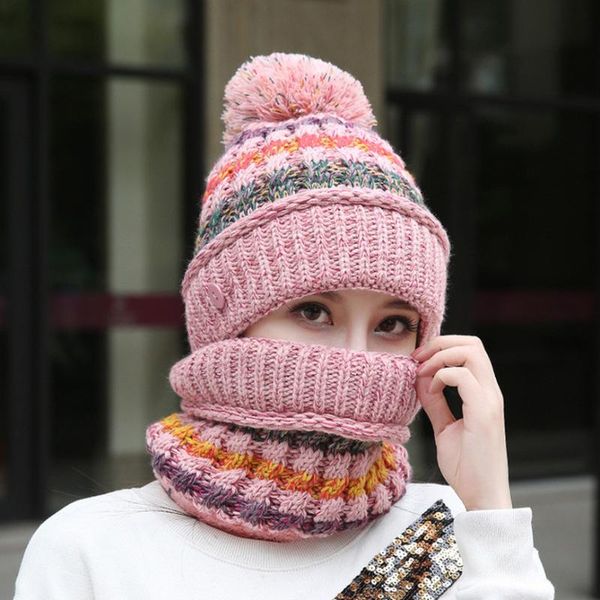 

bohemian style winter beanie hat ladies hat scarf warm suit plus velvet thick scarf mask set 3 piece beanie windproof, Blue;gray