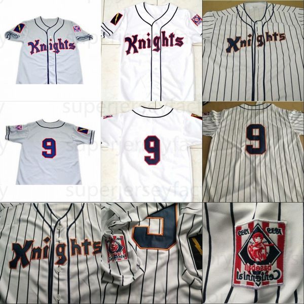 # 9 Roy Hobbs 1984 New York Knights O Botão de Filme Natural Down Baseball Jersey 100% Costume Personalizado Jerseys Cinza Branco Frete Grátis