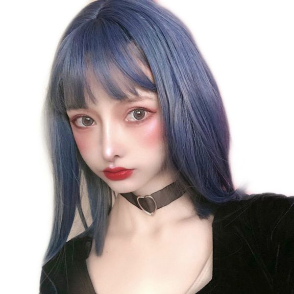 

haze blue wig female mid-length hair clavicle hair temperament face repair mid-length chemical fiber headgear factory direct sales, Black