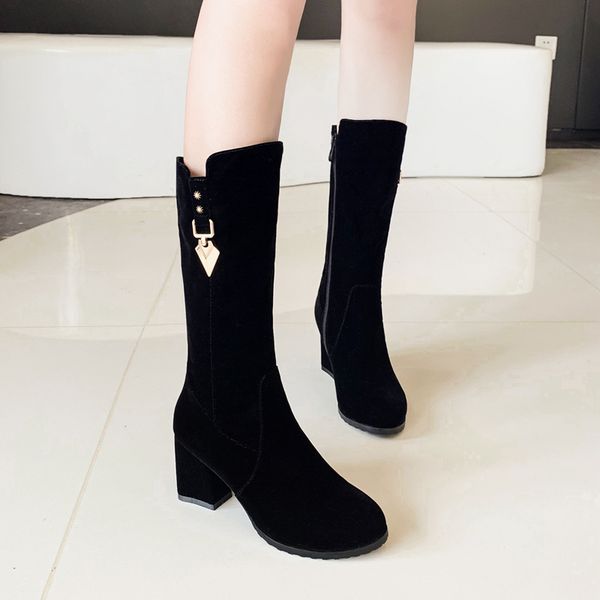 

ladies mid-calf boots comfortable round toe handmade zipper square heel shoes casual solid high heel women boots plus size 33-43, Black
