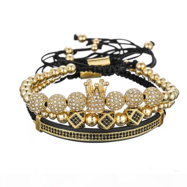 

2019 new fashion 3pc set micro cz crown 8mm 6mm zc balls bracelet copper beads luxury designer jewelry woven mens bracelets gift, Black