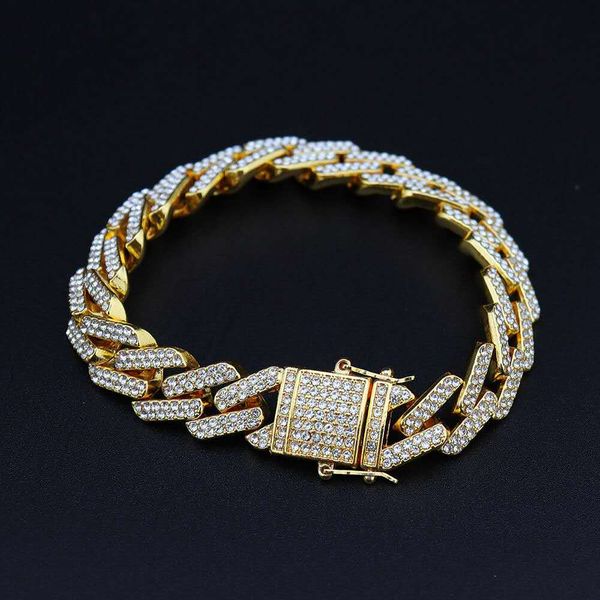 

selling discount fashion men and women cuban bracelet hip-hop pie zinc alloy diamond cuban designer gold bracelet gold-plated brace 08, Black