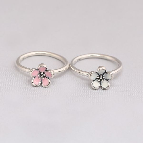

genuine 925 sterling silver pink and white enamel cherry blossom ring compatible with european jewelry, Golden;silver