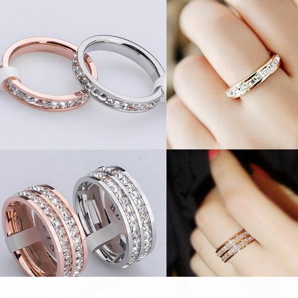 

rose gold single and double row small square diamond rings stainless steel 18k gold silver wedding band rings insert diamond fashion jewelry