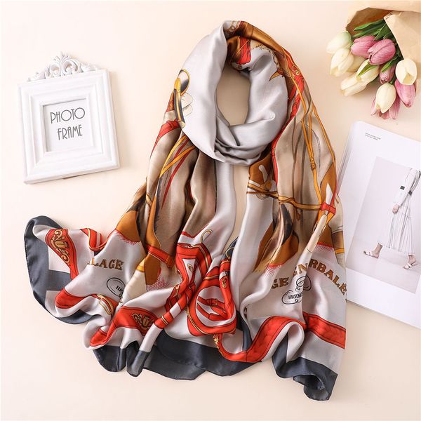 

fashion silk satin printing imitation silk scarf women's sunscreen shawl dual-use long thin all seasons women shawl, Blue;gray
