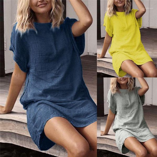 

loose ladies casual dress womens cotton linen dress solid color short sleeve womens crew neck dress, Black;gray