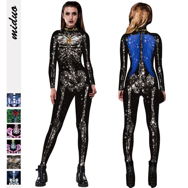 

2020 autumn and winter new products halloween skull digital print long sleeve jumpsuit skinny cropped pants party stage performance clothes, Black;red