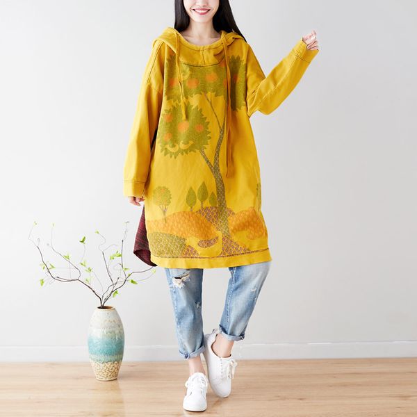 

vintage printed hooded dress loose and plus-sized plaid dress, Black;gray