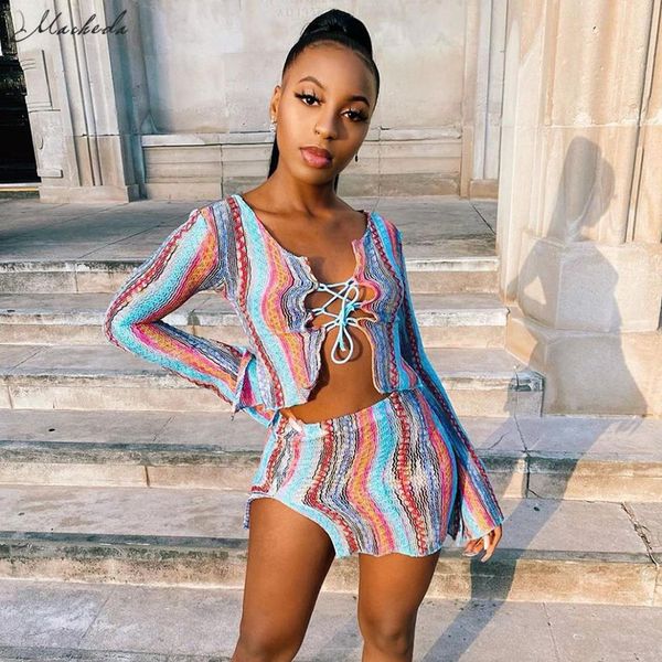 

македа осенняя мода две пьесы набор женщин сексуальный фронт узелок с длинным рукавом и высокой талией юбка outfit lady одежда 2020 x0923, Gray