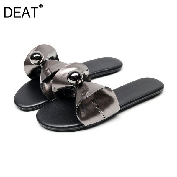 

deat] 2020 new spring summer round toe shallow bowknot pearl outdoor casual flat slippers women shoes fashion tide 10i664, Black