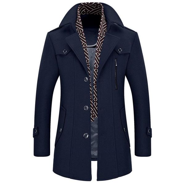 

men's wool & blends autumn and winter business casual coat thickening jacket scarf collar windbreaker slim detachable overcoat, Black