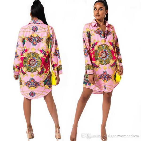 

loose long sleeved lapel neck shirt dresses womens fashion dresses women dresses vintage printed autumn casual, Black;gray