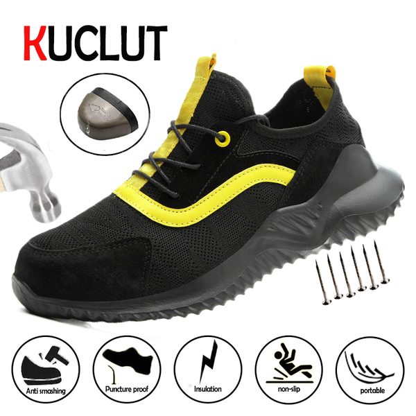 

kuclut men's comfortable and breathable casual shoes wear resistant and indestructible safety shoes steel toe stab proof, Black