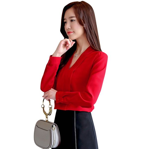 

women's blouses & shirts autumn chiffon fashion korea all-match v-neck women blouse vintage bottoming career ladies blusas mujer, White