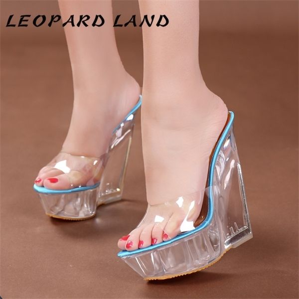 

leopard land summer thick-soled high-heeled sandals slippers transparent crystal shoes waterproof platform 15cm wedge shoes lfd 0925, Black